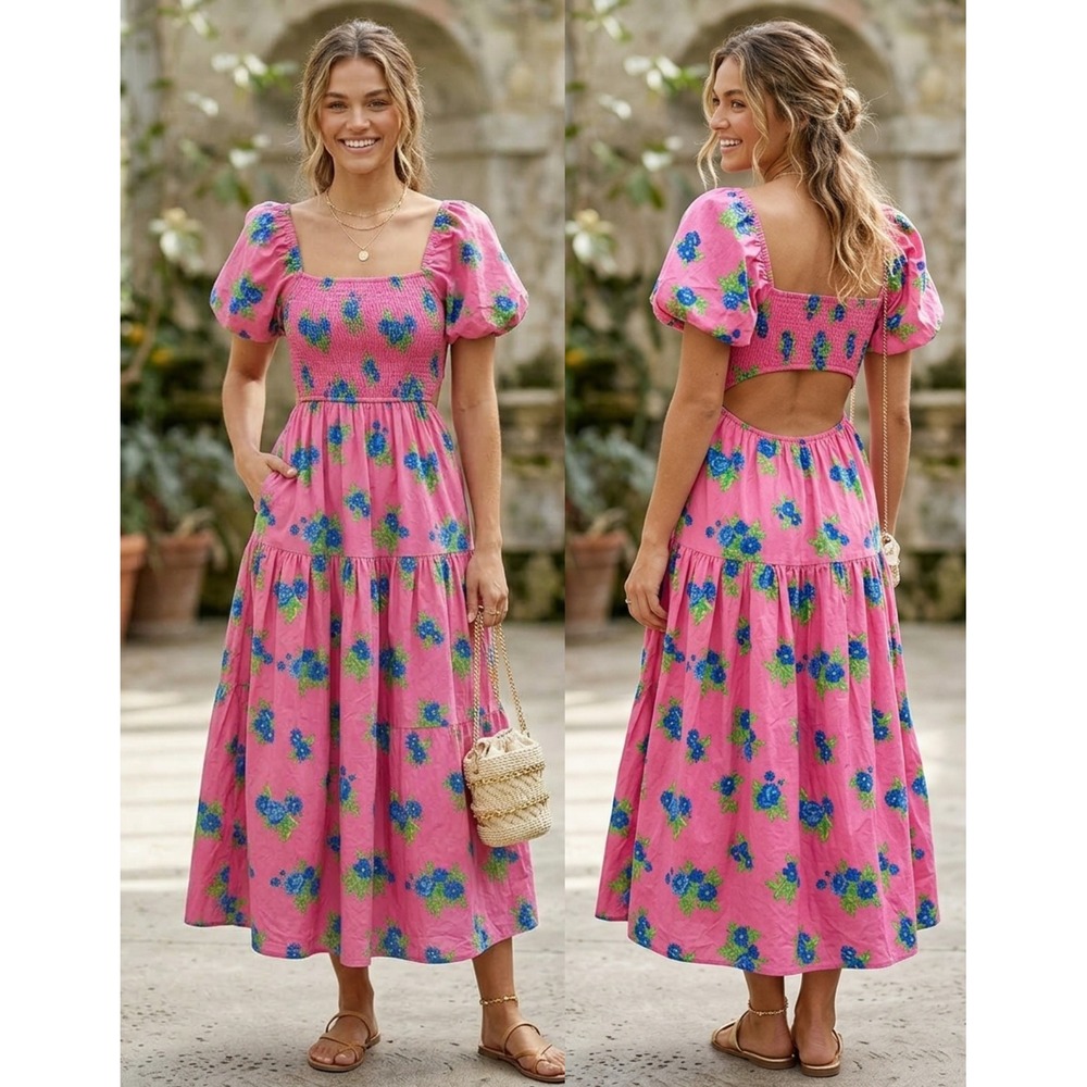 Moon River Pink Floral Smocked Maxi Dress Puff Sleeve Cutout Back Small